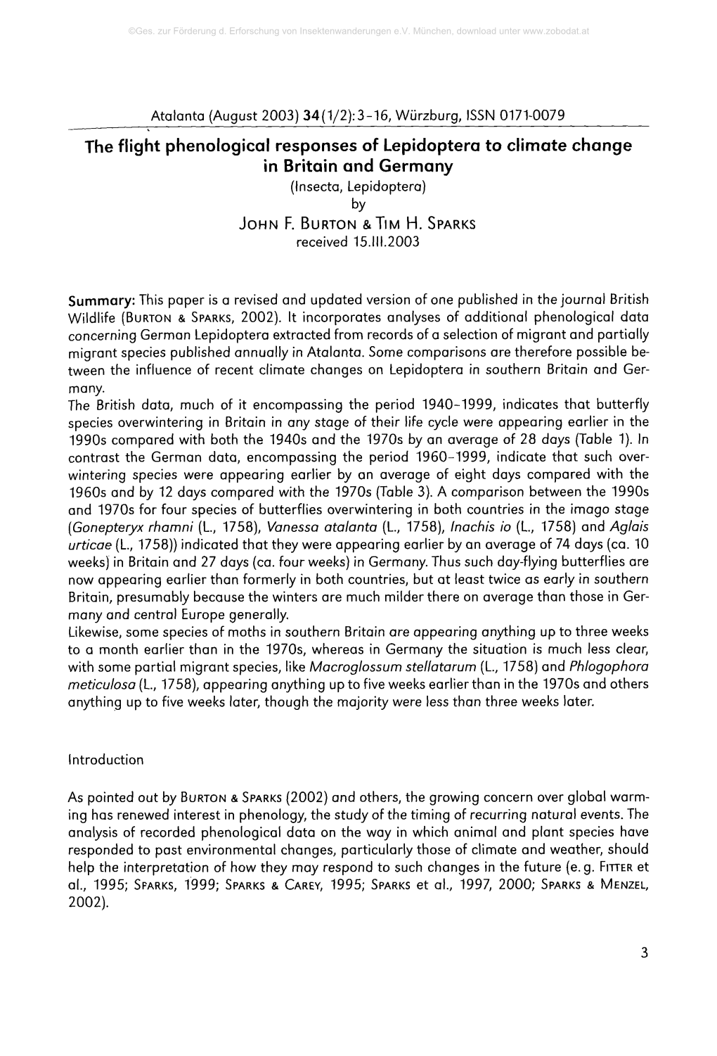 The Flight Phenological Responses of Lepidoptera to Climate Change in Britain and Germany (Insecta, Lepidoptera) by J O H N F