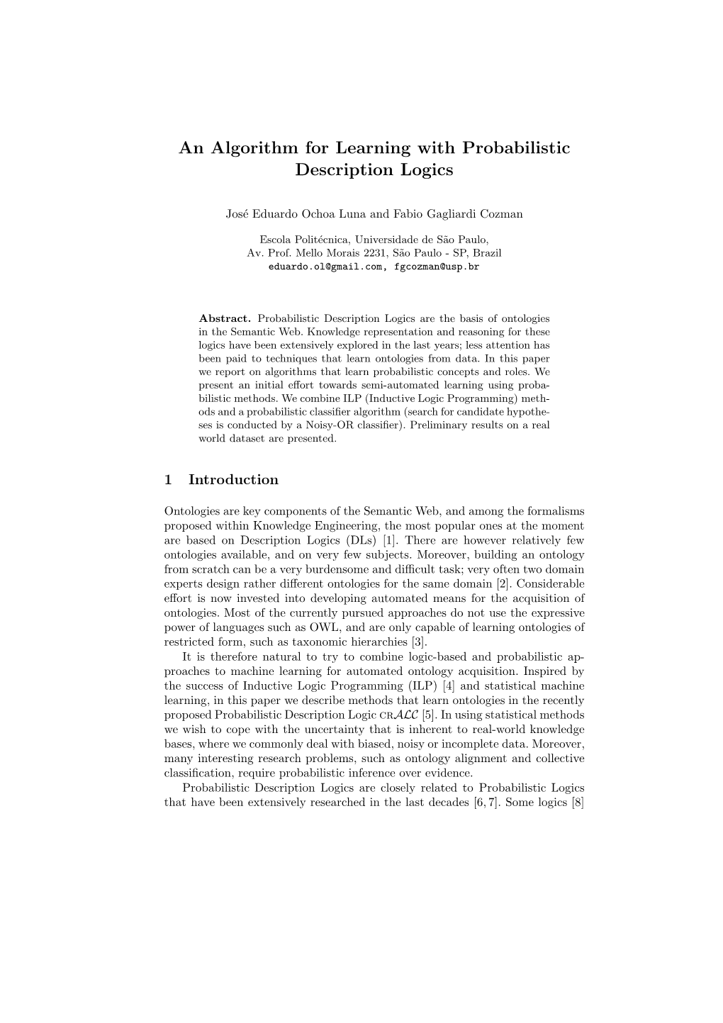 An Algorithm for Learning with Probabilistic Description Logics