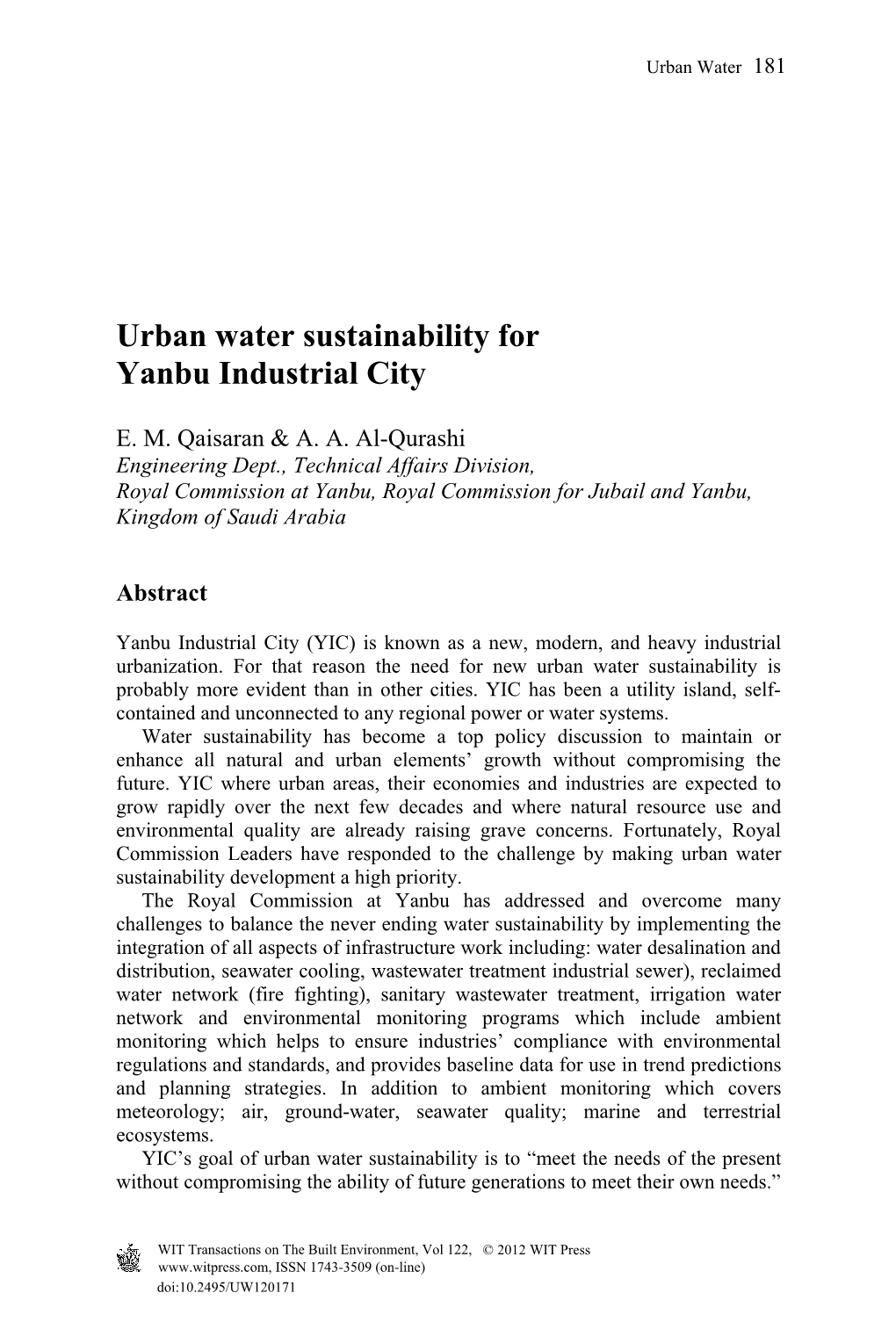 Urban Water Sustainability for Yanbu Industrial City