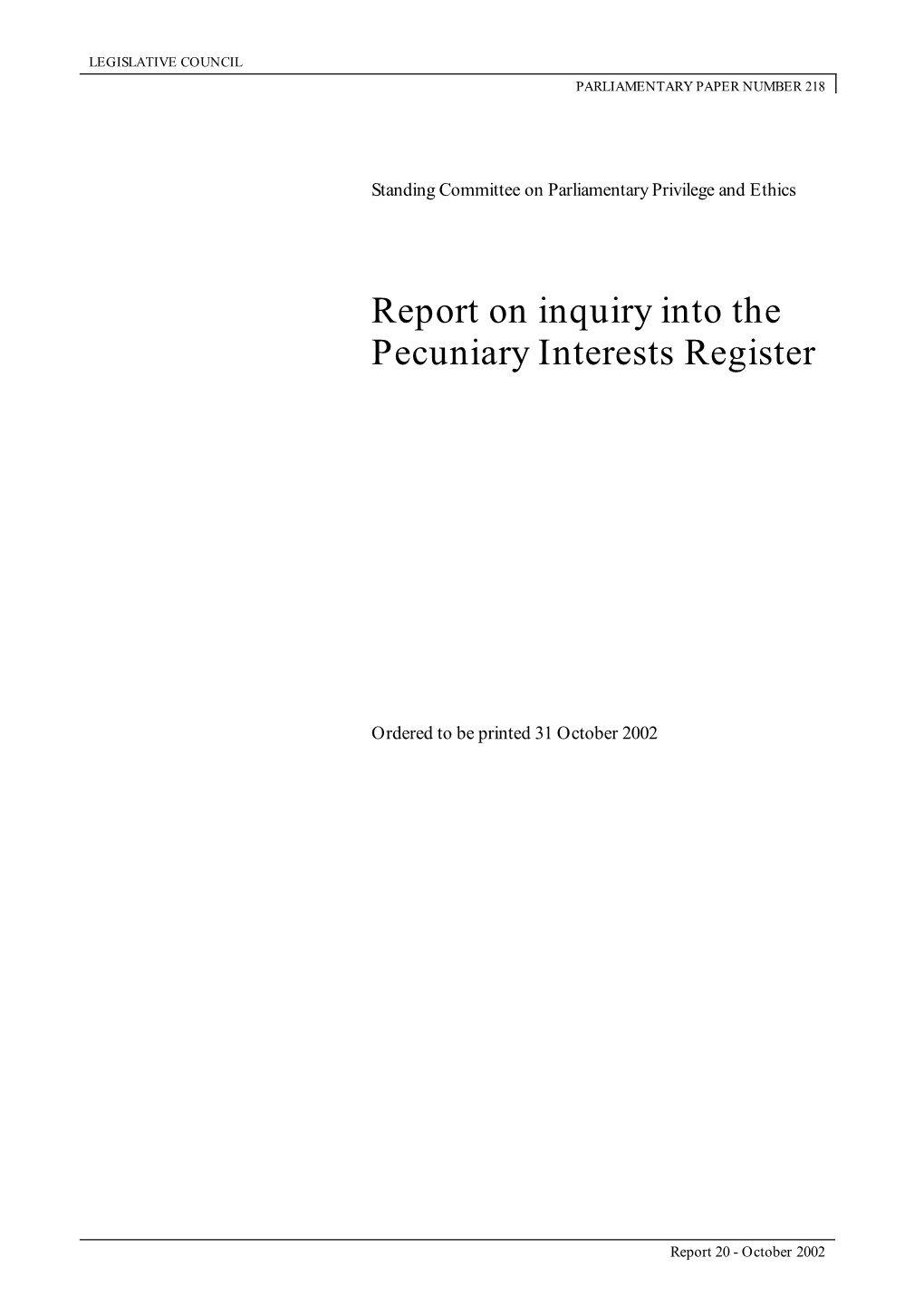 Report on Inquiry Into the Pecuniary Interests Register