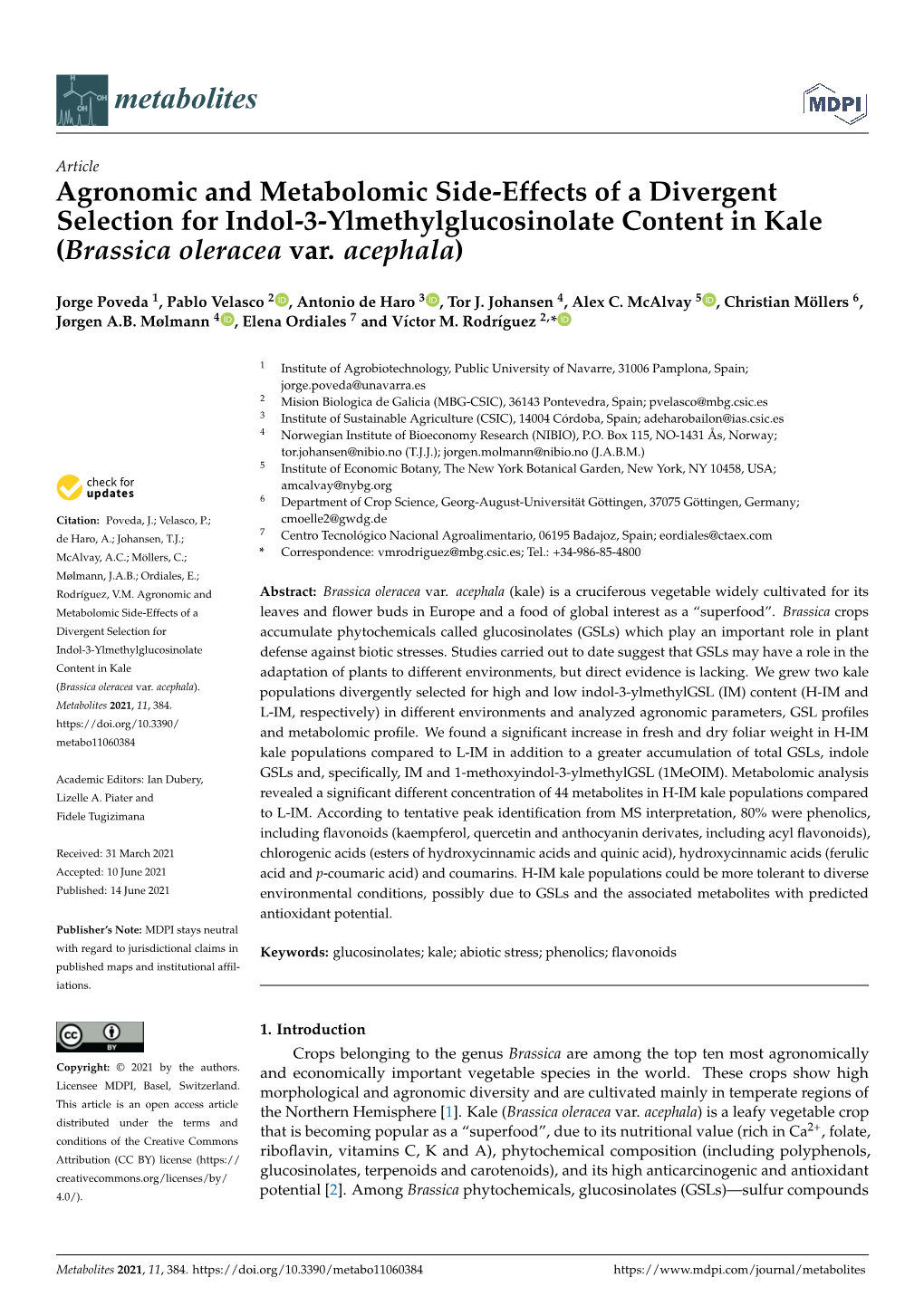 Agronomic and Metabolomic Side-Effects of a Divergent Selection for Indol-3-Ylmethylglucosinolate Content in Kale (Brassica Oleracea Var