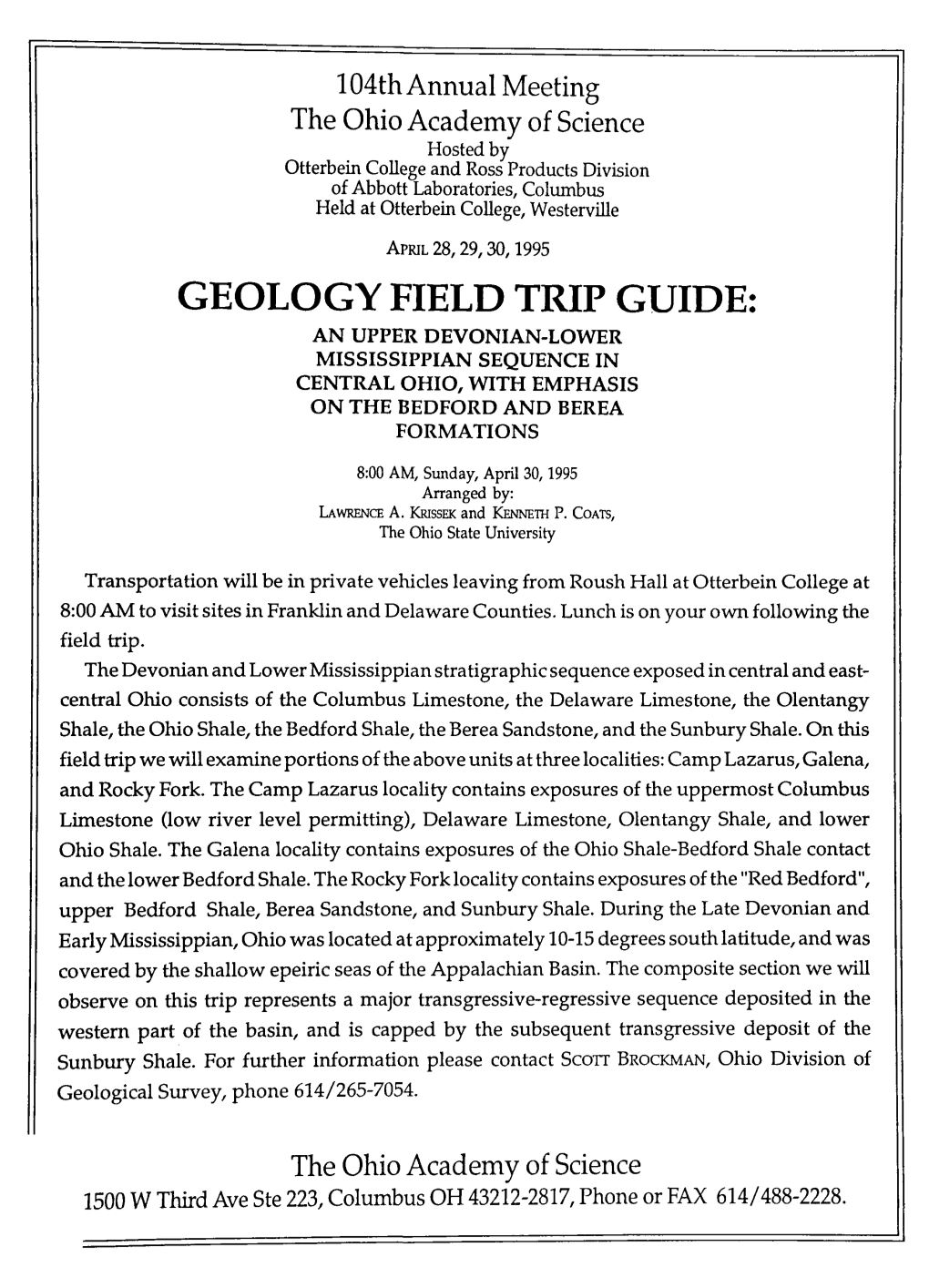 Geology Field Trip Guide: an Upper Devonian-Lower Mississippian Sequence in Central Ohio, with Emphasis on the Bedford and Berea Formations