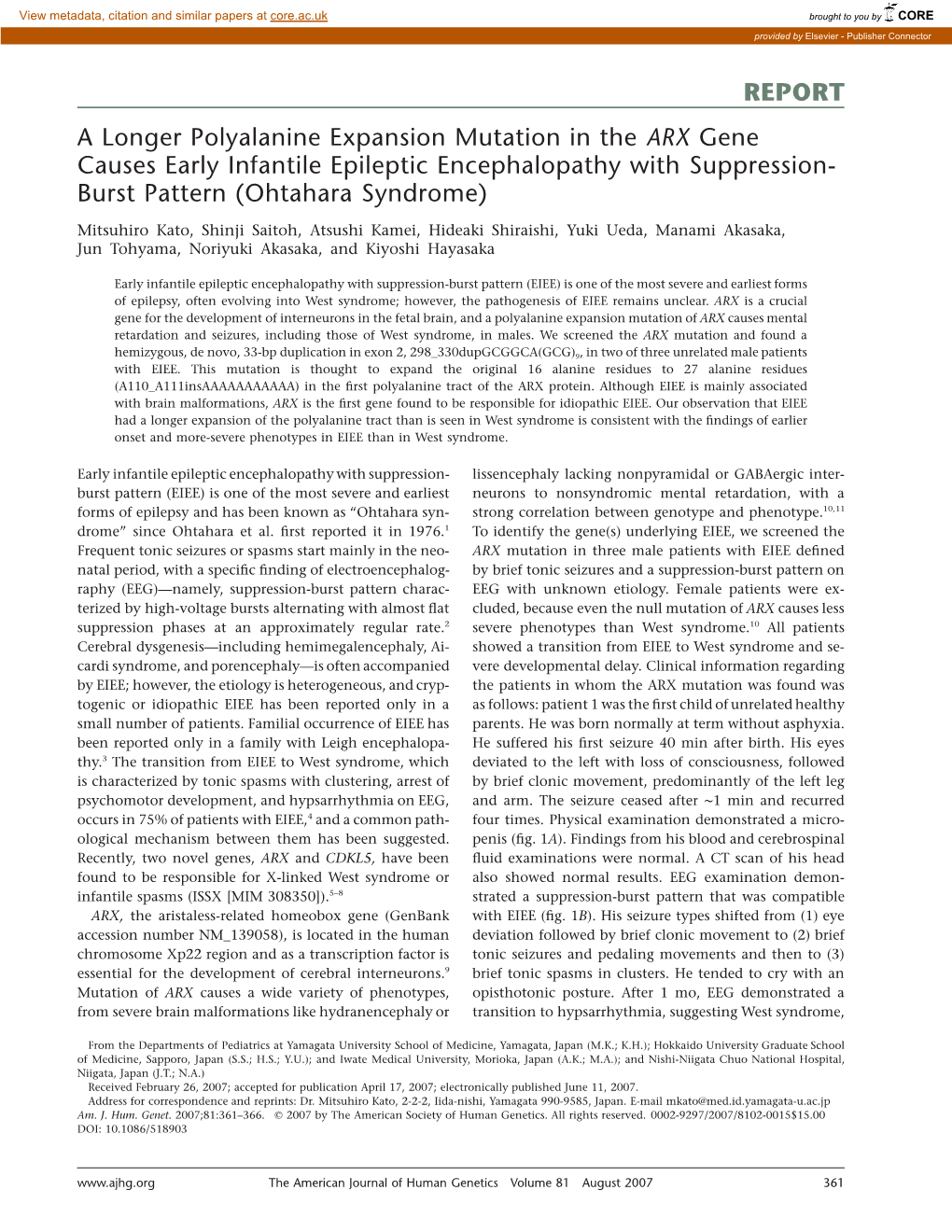 REPORT a Longer Polyalanine Expansion Mutation in the ARX Gene Causes Early Infantile Epileptic Encephalopathy with Suppression- Burst Pattern (Ohtahara Syndrome)