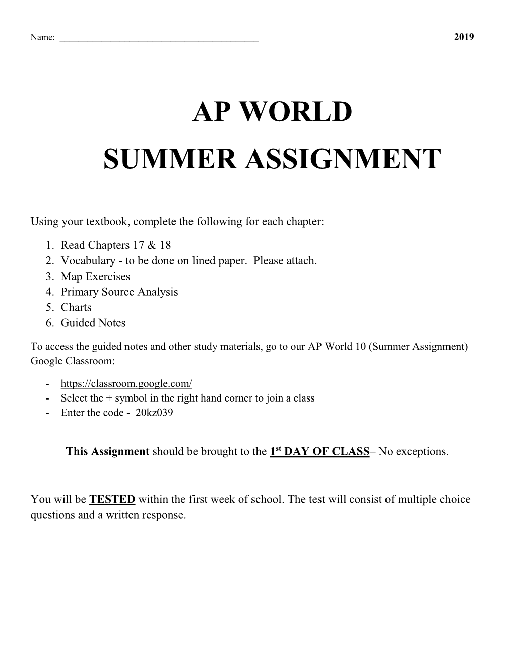 Ap World Summer Assignment