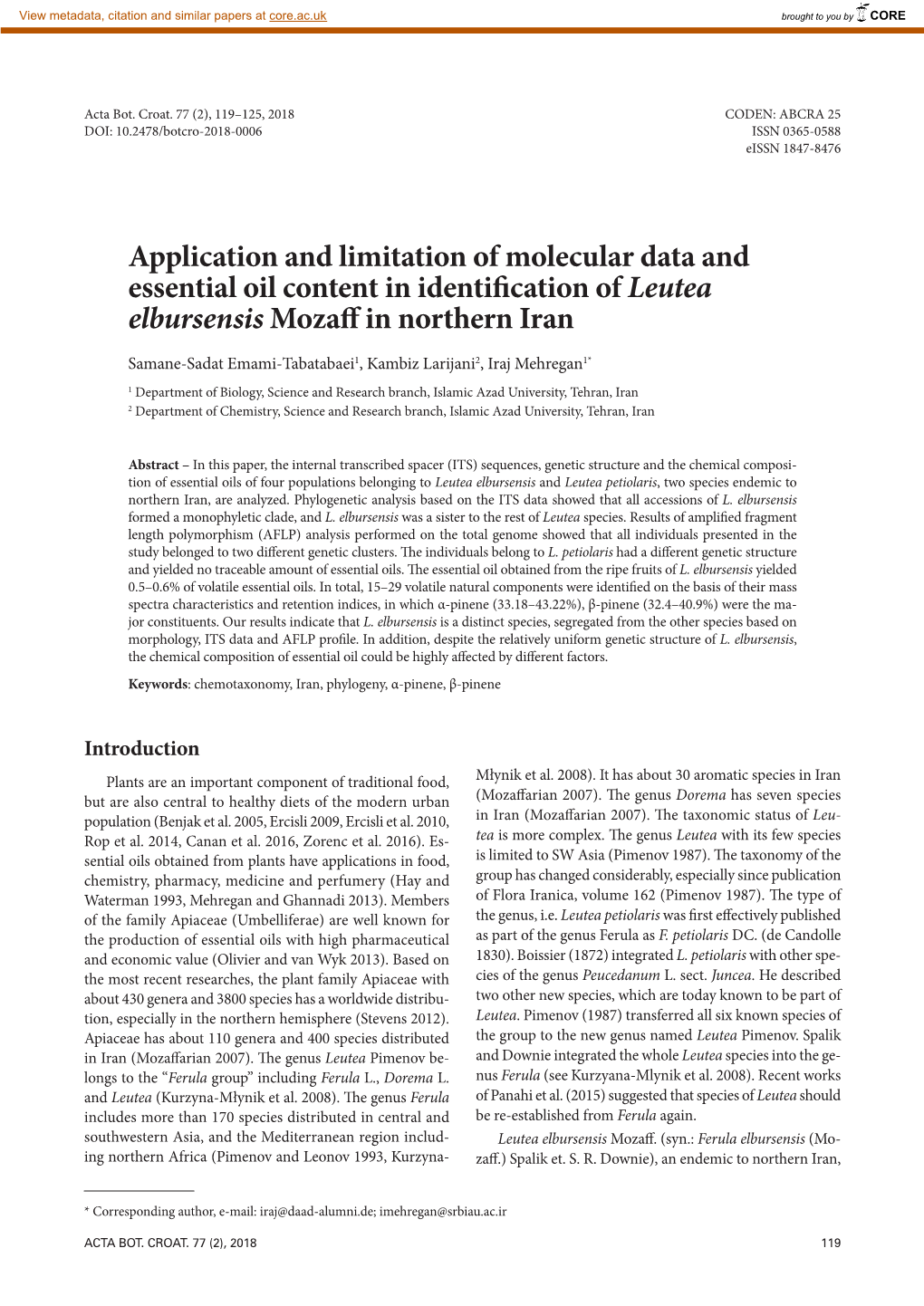 Application and Limitation of Molecular Data and Essential Oil Content in Identification of Leutea Elbursensis Mozaff in Northern Iran