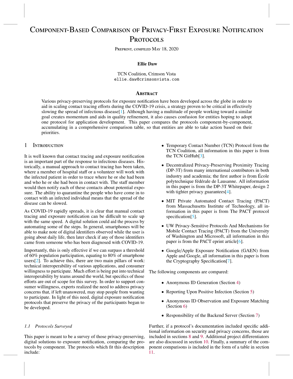 Component-Based Comparison of Privacy-First Exposure Notification Protocols Preprint, Compiled May 18, 2020