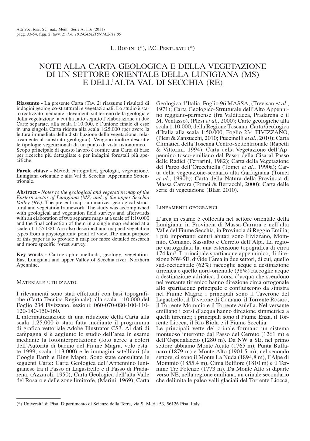 Note Alla Carta Geologica E Della Vegetazione Di Un Settore Orientale Della Lunigiana (MS) E Dell’Alta Val Di Secchia (RE)