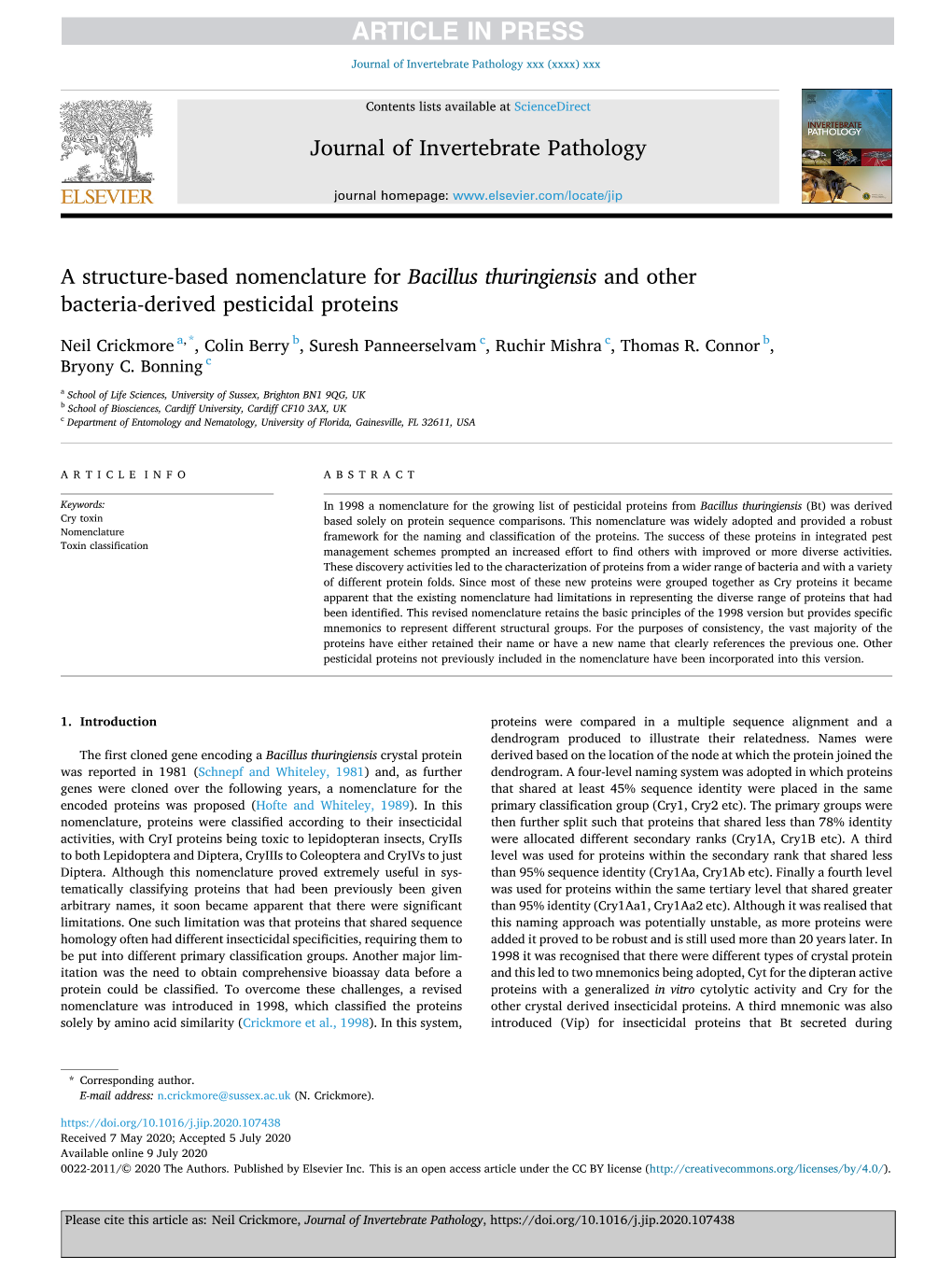 A Structure-Based Nomenclature for Bacillus Thuringiensis and Other Bacteria-Derived Pesticidal Proteins