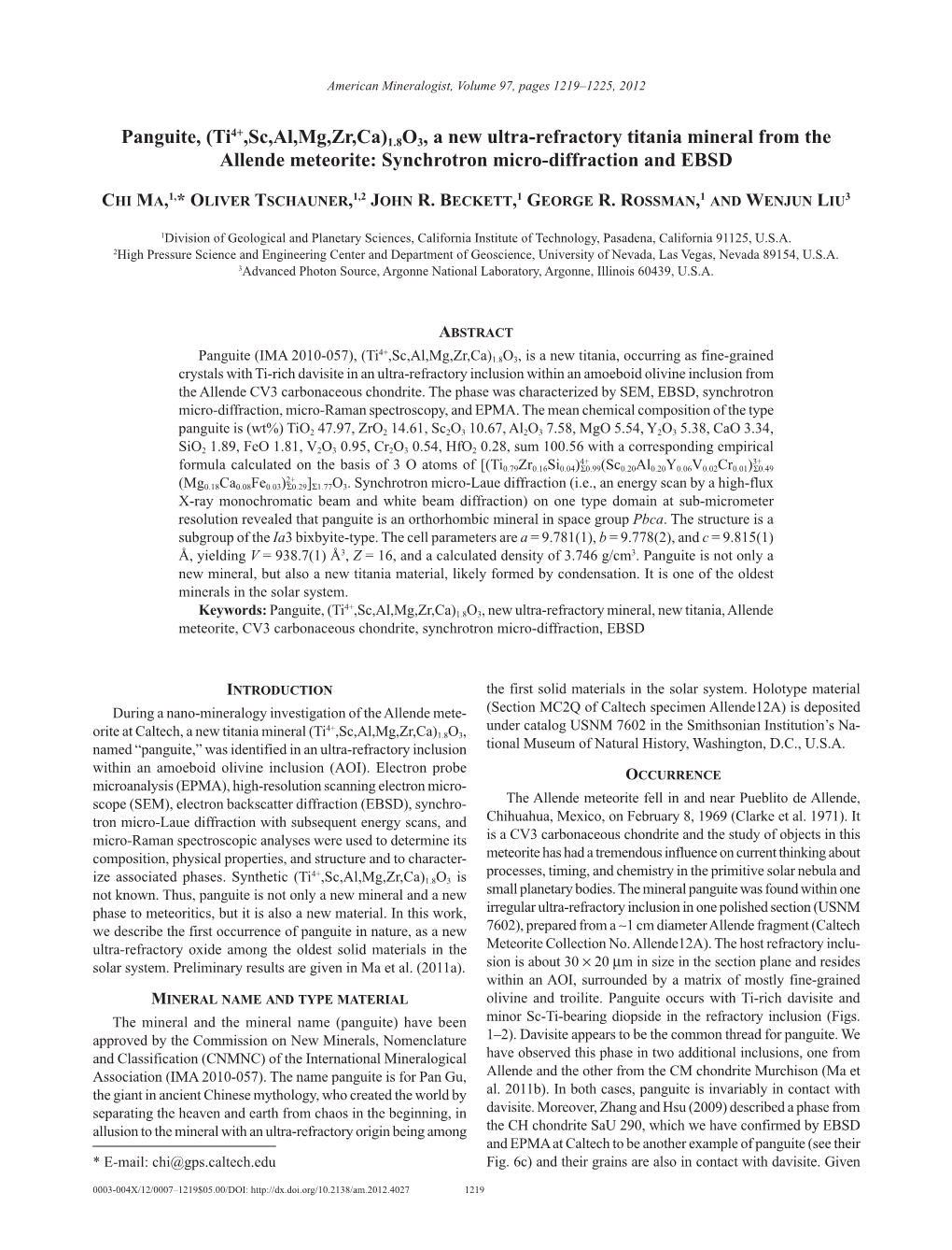 Panguite, (Ti ,Sc,Al,Mg,Zr,Ca)1.8O3, a New Ultra-Refractory Titania Mineral from the Allende Meteorite: Synchrotron Micro-Diffraction and EBSD