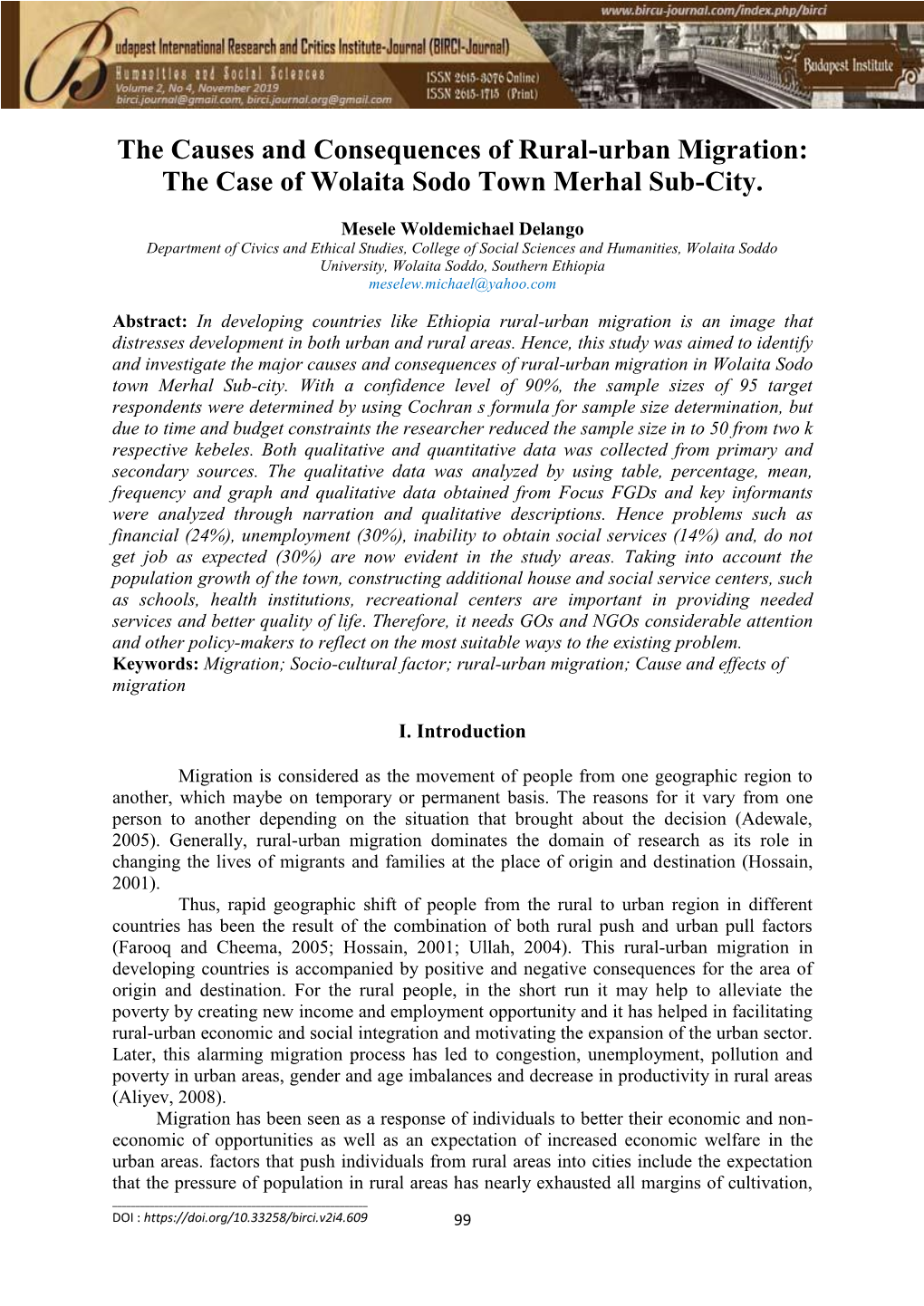 The Causes and Consequences of Rural-Urban Migration: the Case of Wolaita Sodo Town Merhal Sub-City