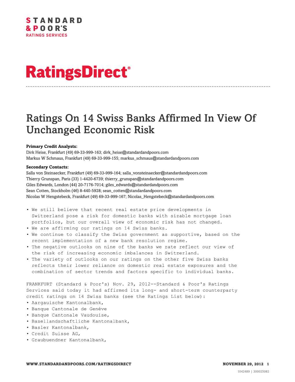 Ratings on 14 Swiss Banks Affirmed in View of Unchanged Economic Risk