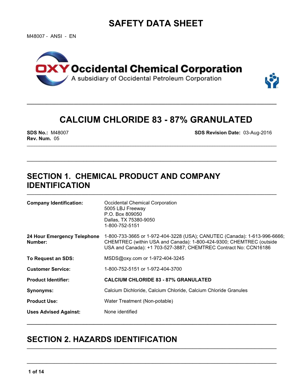 Safety Data Sheet Calcium Chloride 83