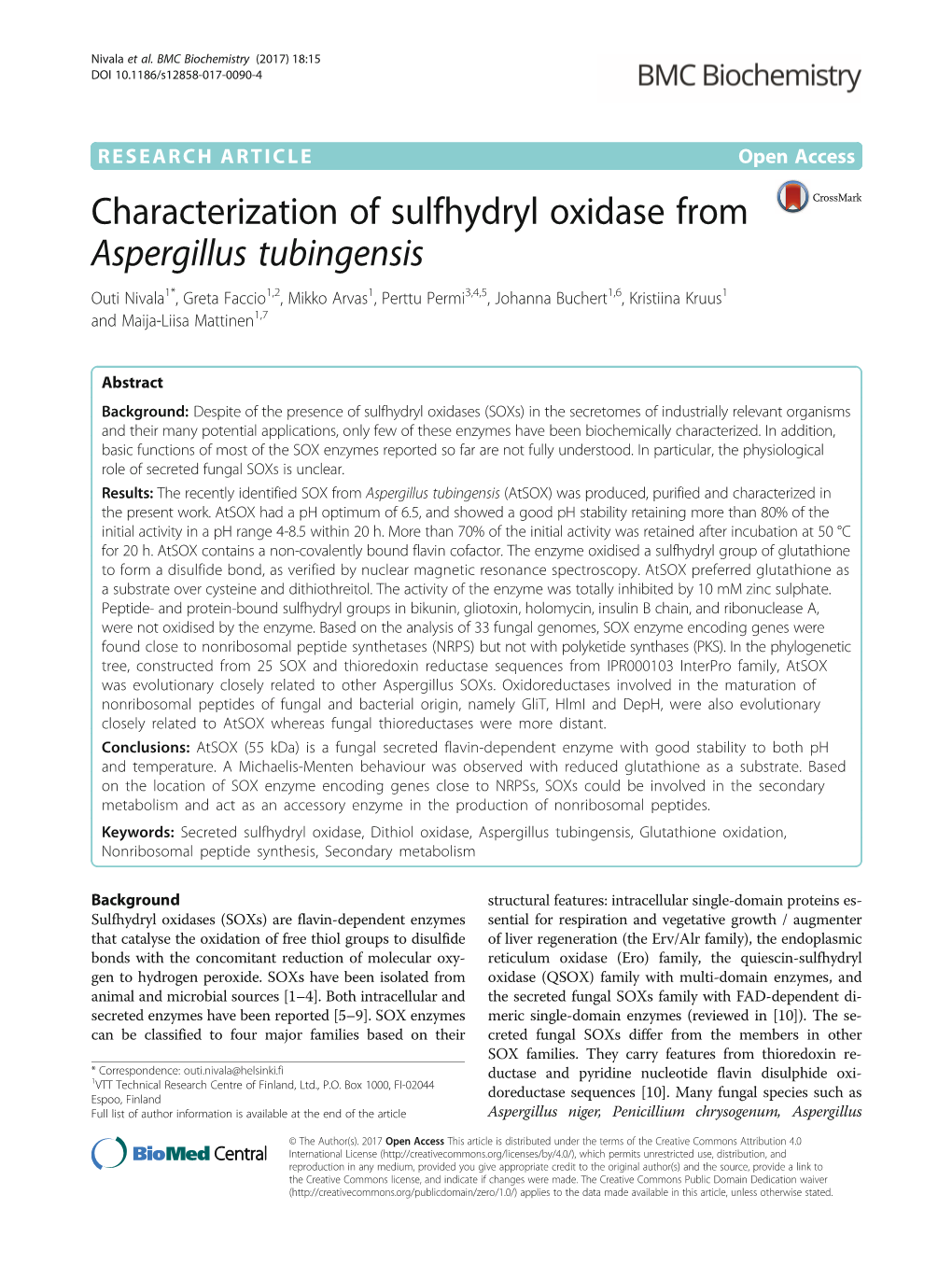 Characterization of Sulfhydryl Oxidase from Aspergillus Tubingensis