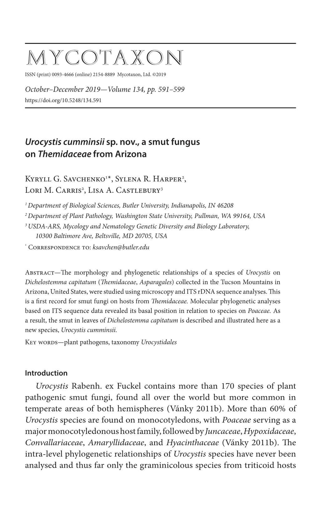 Urocystis Cumminsii </I> Sp. Nov., a Smut Fungus on <I> Themidaceae