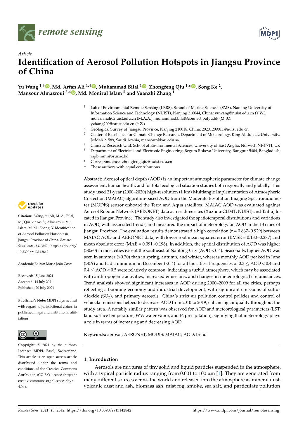 Identification of Aerosol Pollution Hotspots in Jiangsu Province of China