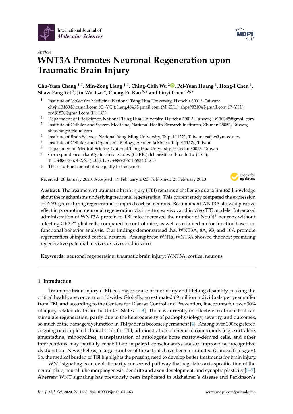 WNT3A Promotes Neuronal Regeneration Upon Traumatic Brain Injury