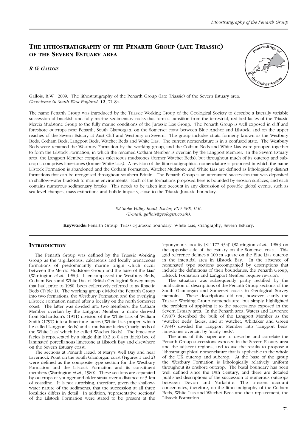 Lithostratigraphy of the Penarth Group (Late Triassic) of the Severn Estuary Area