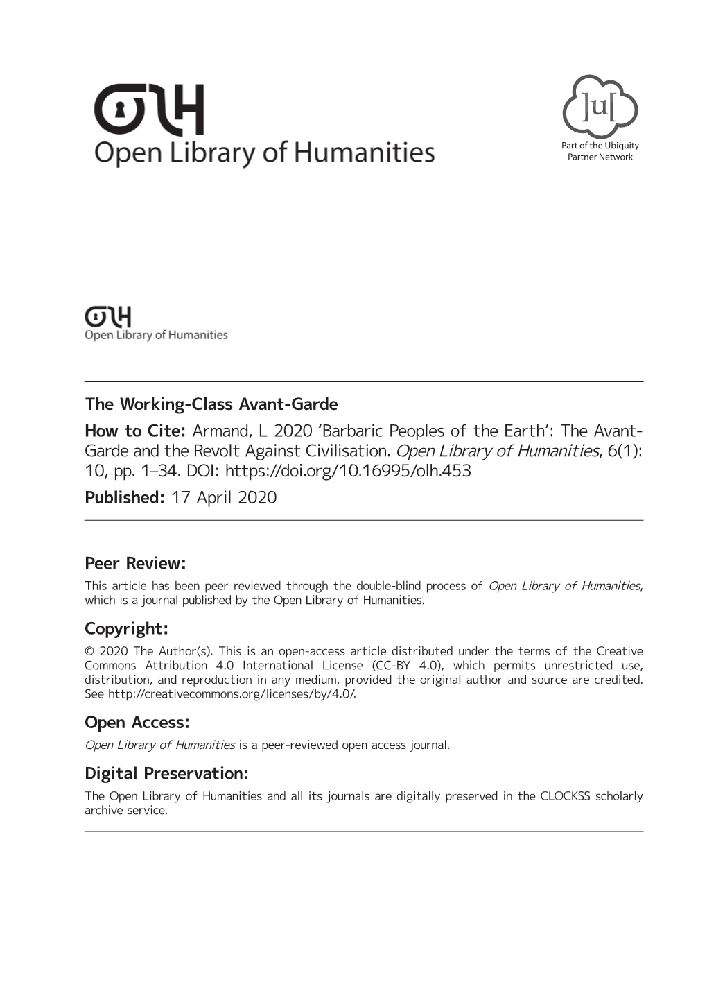 The Avant-Garde and the Revolt Against Civilisation’ (2020) 6(1): 10 Open Library of Humanities