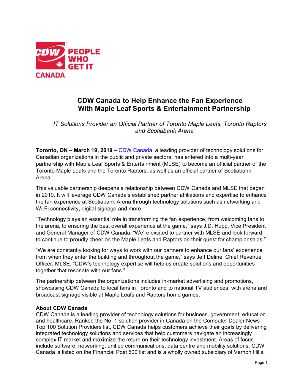 CDW Canada to Help Enhance the Fan Experience with Maple Leaf Sports & Entertainment Partnership