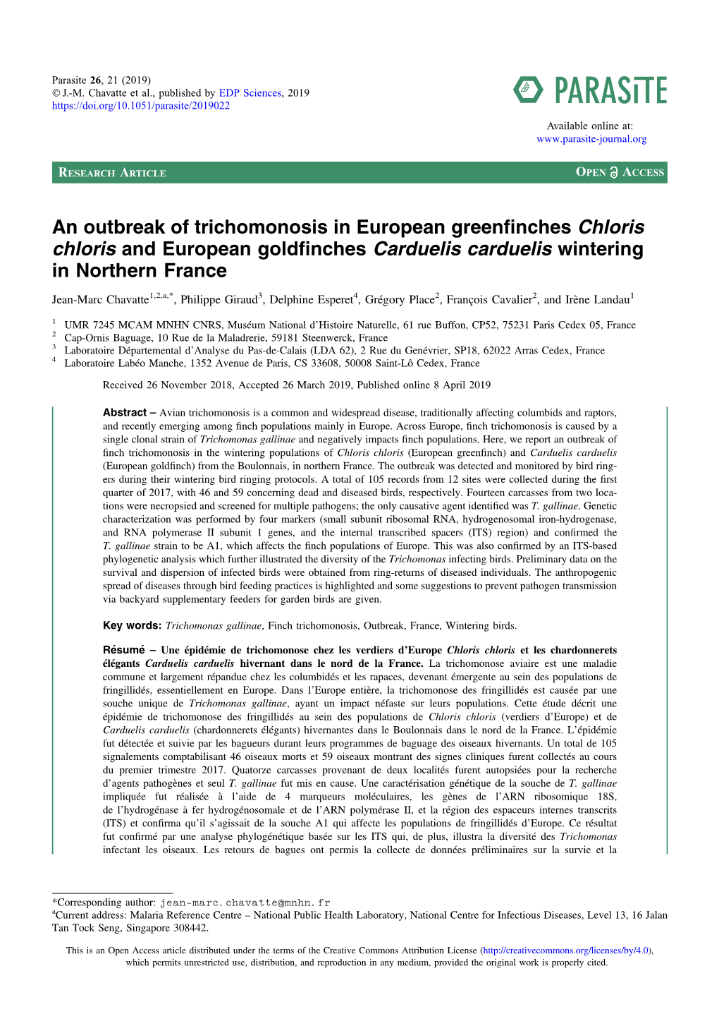 An Outbreak of Trichomonosis in European Greenfinches Chloris Chloris and European Goldfinches Carduelis Carduelis Wintering in Northern France