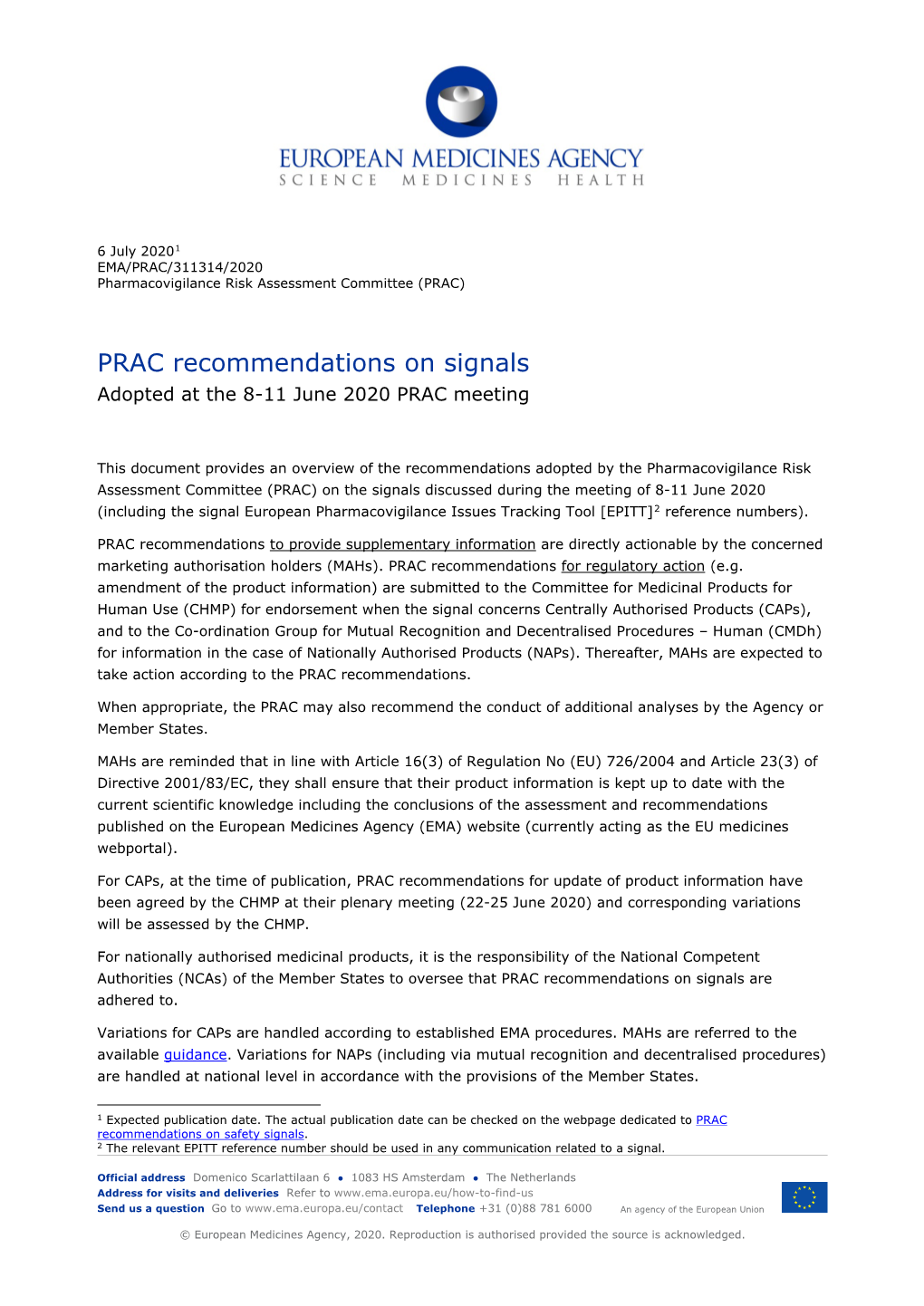 PRAC Recommendation on Signals June 2020