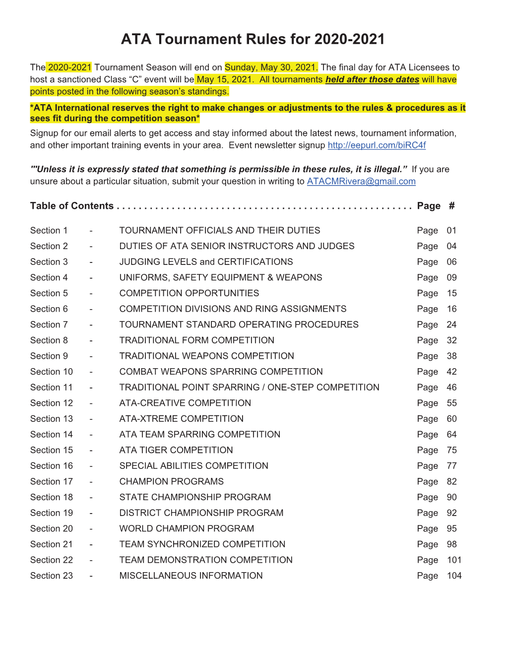 ATA Tournament Rules for 2020-2021