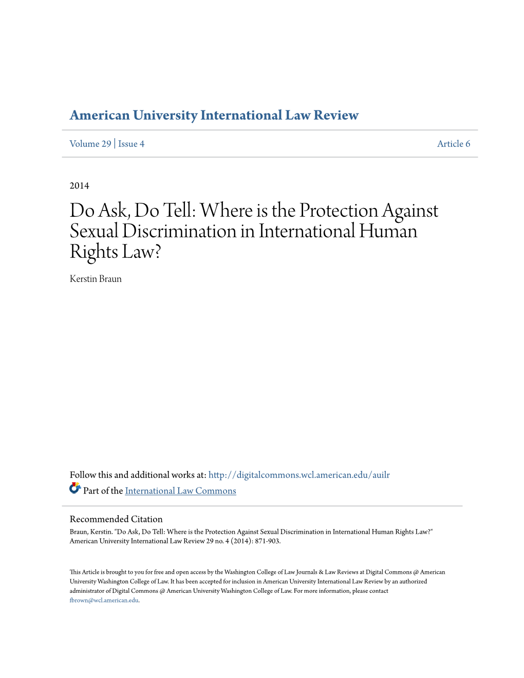 Where Is the Protection Against Sexual Discrimination in International Human Rights Law? Kerstin Braun