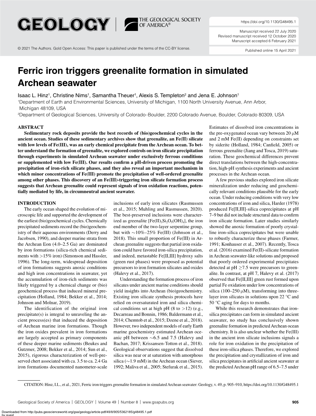 Ferric Iron Triggers Greenalite Formation in Simulated Archean Seawater Isaac L