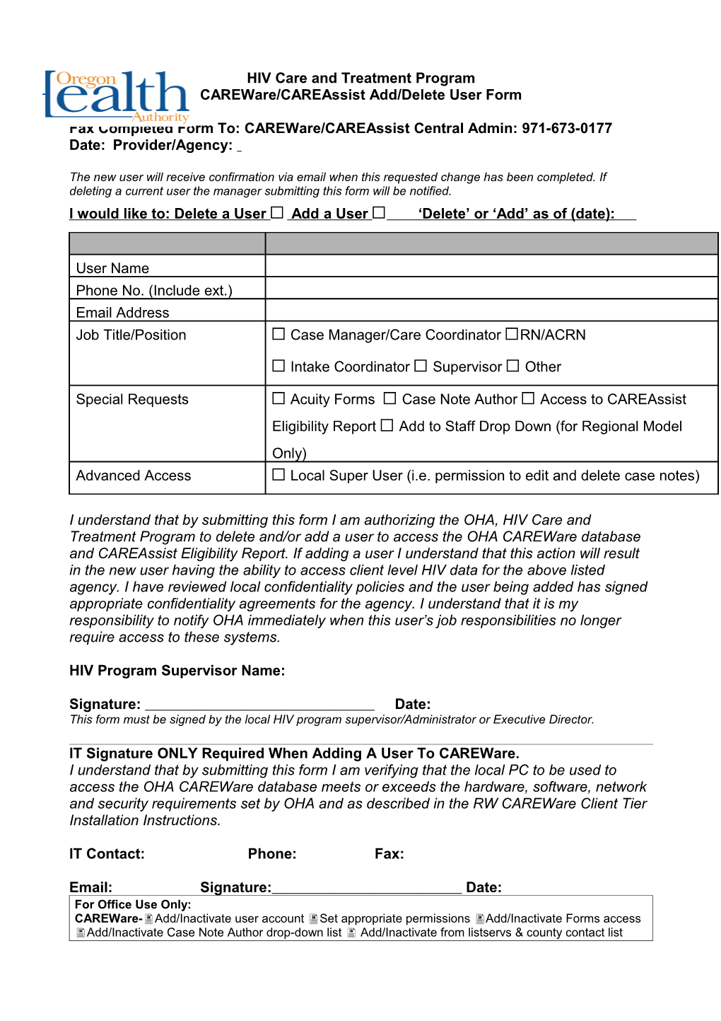 Careware/Careassist Add/Delete User Form