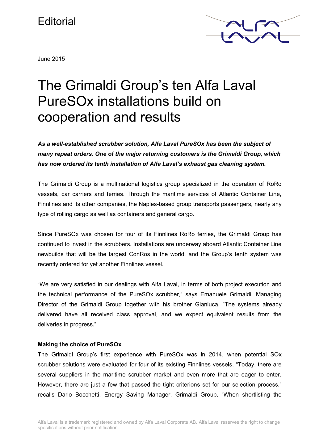 The Grimaldi Group's 10 Alfa Laval Puresox Installations Build On