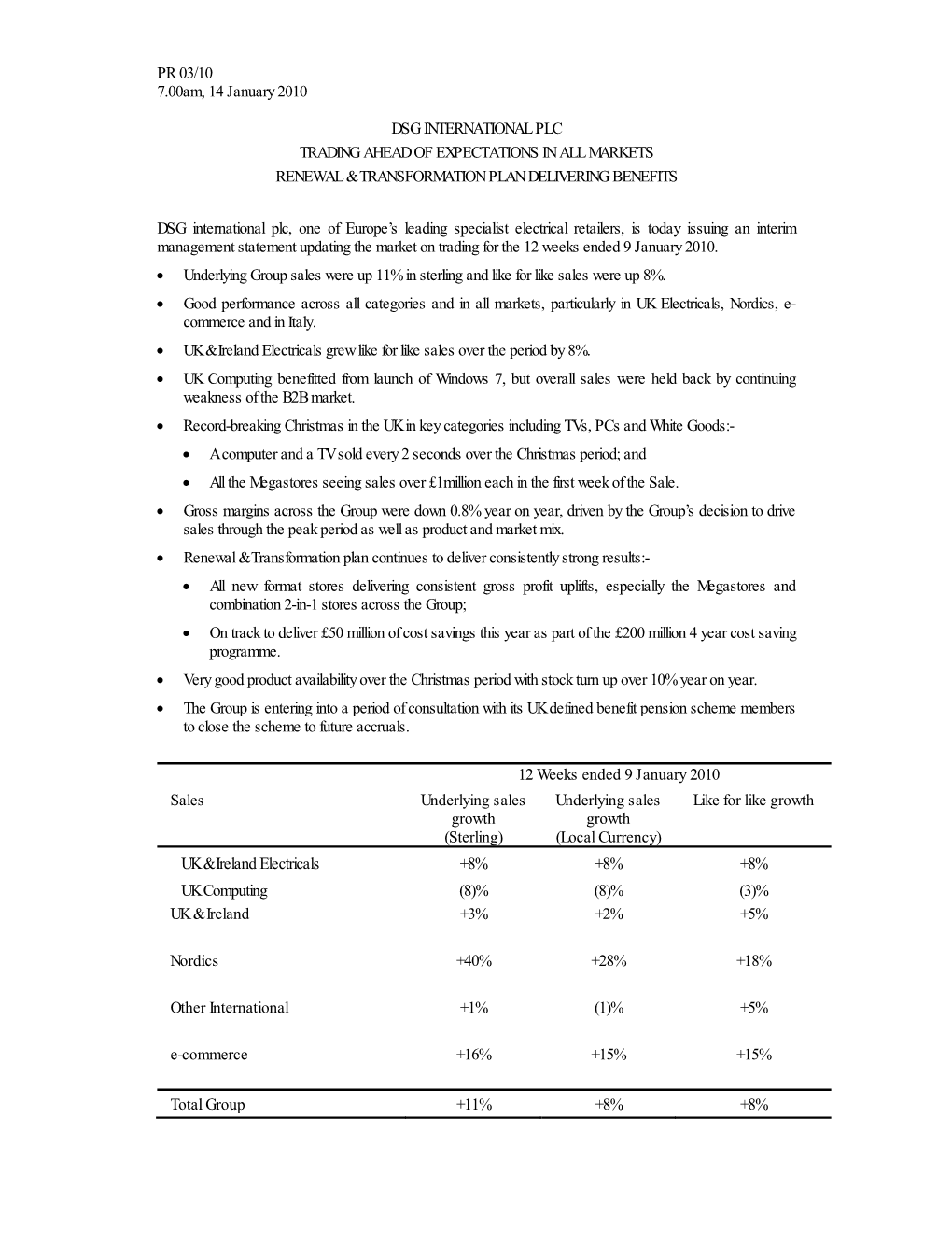 PR 03/10 7.00Am, 14 January 2010 DSG INTERNATIONAL PLC TRADING AHEAD of EXPECTATIONS in ALL MARKETS RENEWAL & TRANSFORMATION