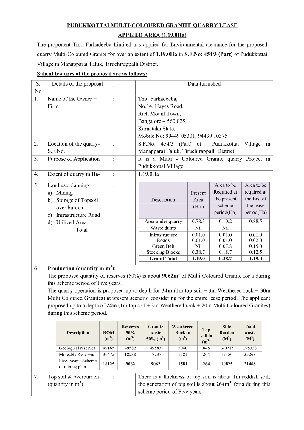 PUDUKKOTTAI MULTI-COLOURED GRANITE QUARRY LEASE APPLIED AREA (1.19.0Ha) the Proponent Tmt