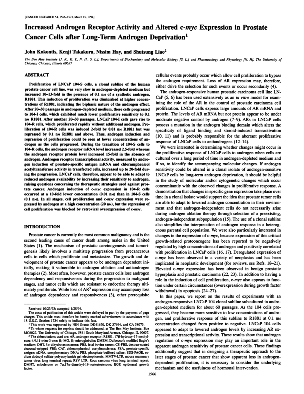 Increased Androgen Receptor Activity and Altered C-Myc Expression in Prostate Cancer Cells After Long-Term Androgen Deprivation1