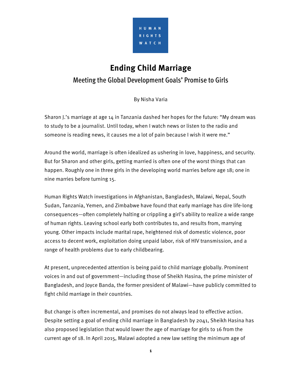 Ending Child Marriage Meeting the Global Development Goals’ Promise to Girls