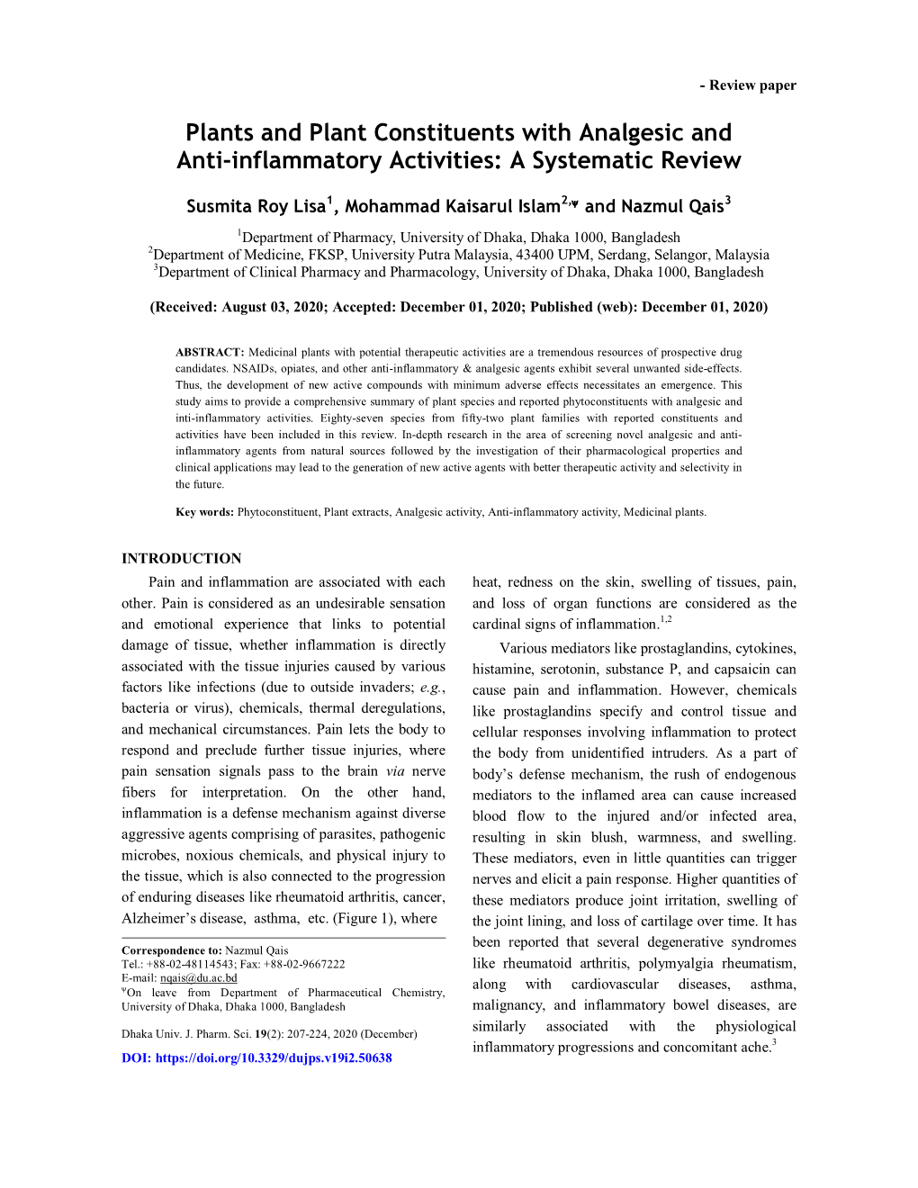 Plants and Plant Constituents with Analgesic and Anti-Inflammatory Activities: a Systematic Review