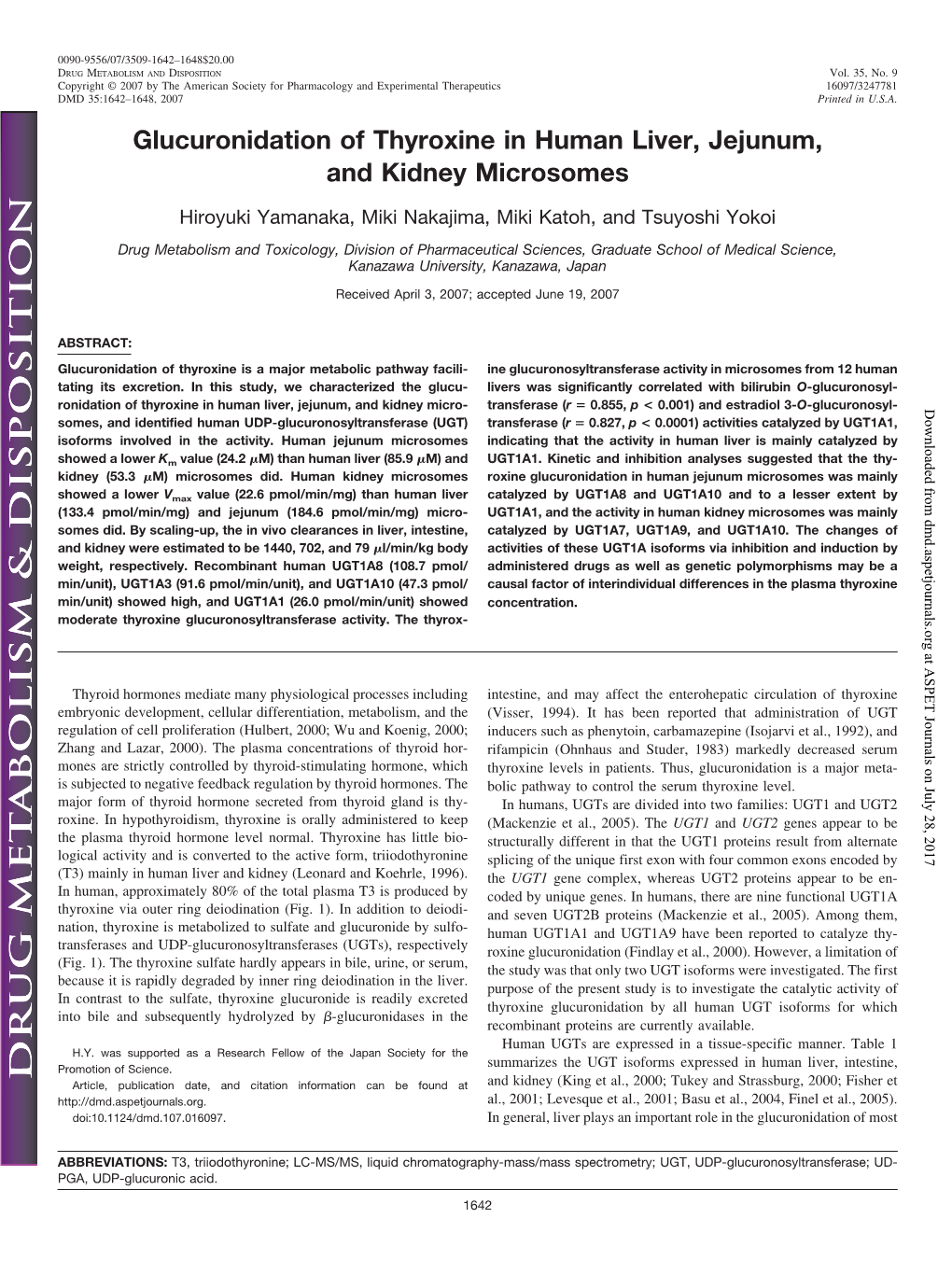 Glucuronidation of Thyroxine in Human Liver, Jejunum, and Kidney Microsomes