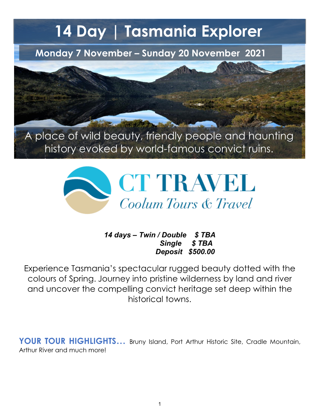 14 Day | Tasmania Explorer Monday 7 November – Sunday 20 November 2021 20222022