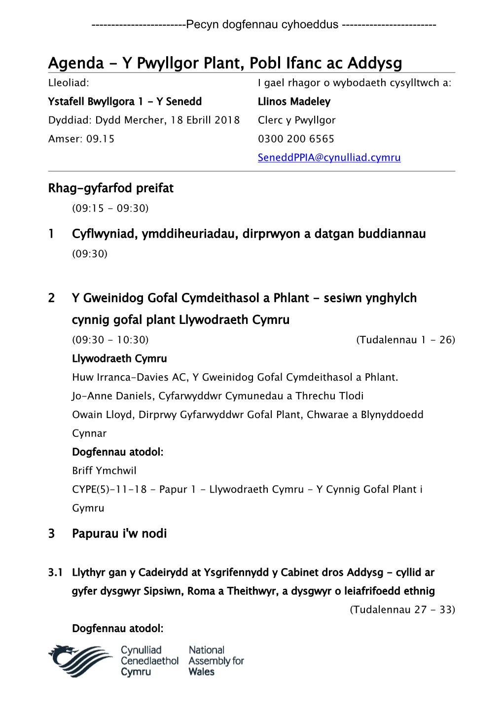 (Public Pack)Agenda Dogfen I/Ar Gyfer Y Pwyllgor Plant, Pobl Ifanc Ac