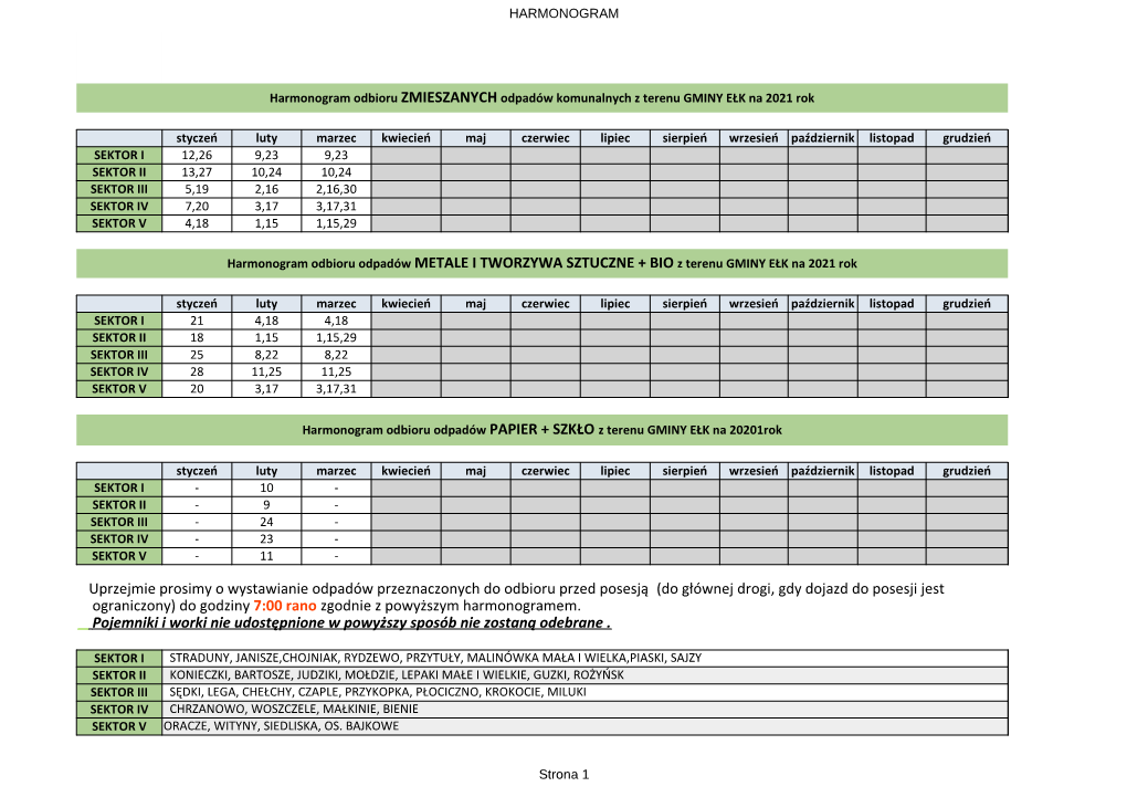 Harmonogram Odbioru Odpadów METALE I TWORZYWA SZTUCZNE + BIO Z Terenu GMINY EŁK Na 2021 Rok