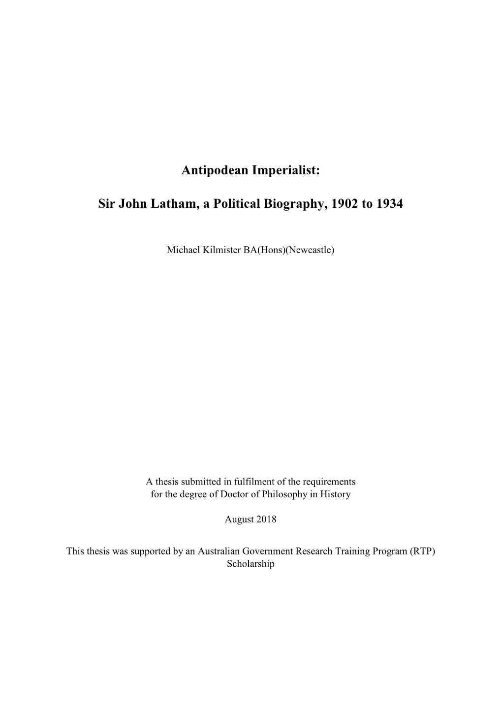 Sir John Latham, a Political Biography, 1902 to 1934