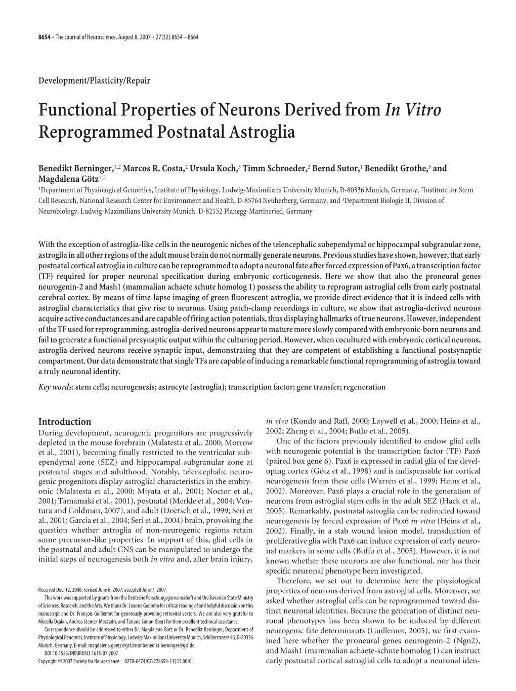 Functional Properties of Neurons Derived from in Vitro Reprogrammed Postnatal Astroglia