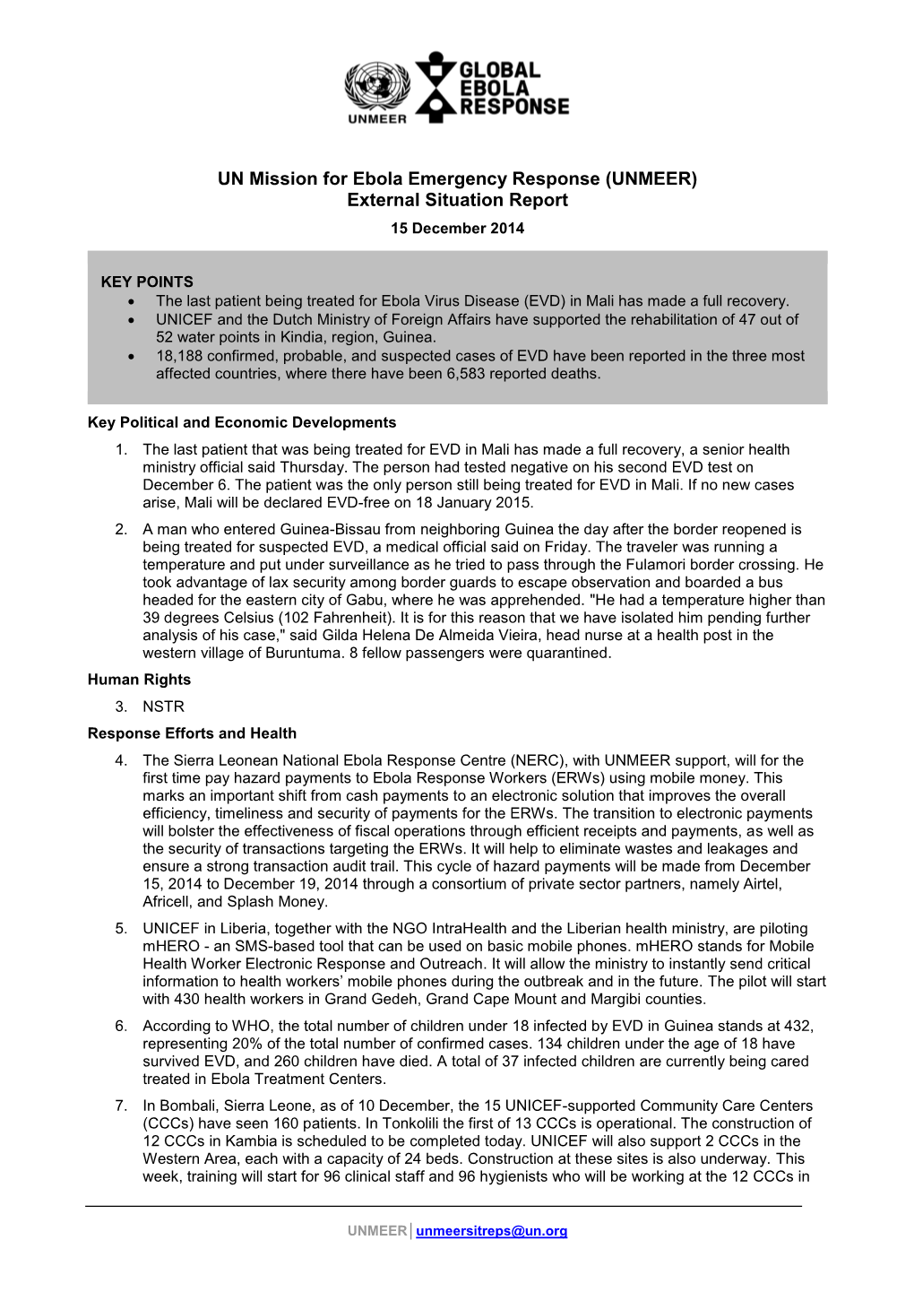 UN Mission for Ebola Emergency Response (UNMEER) External Situation Report 15 December 2014