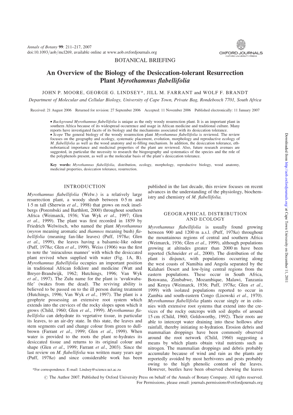 An Overview of the Biology of the Desiccation-Tolerant Resurrection Plant Myrothamnus Flabellifolia