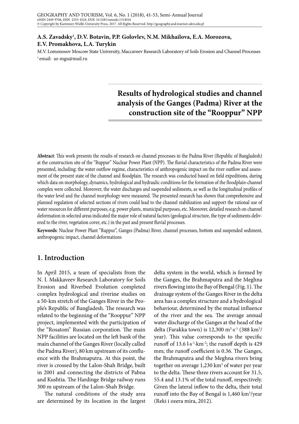 Results of Hydrological Studies and Channel Analysis of the Ganges (Padma) River at the Construction Site of the “Rooppur” NPP