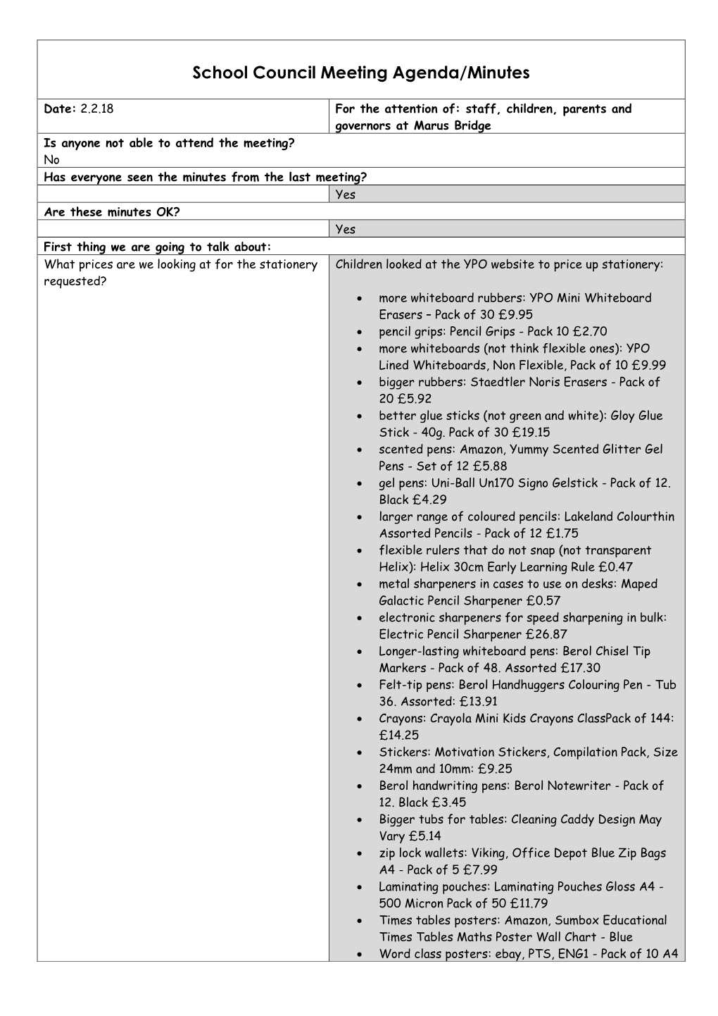 School Council Meeting Agenda/Minutes