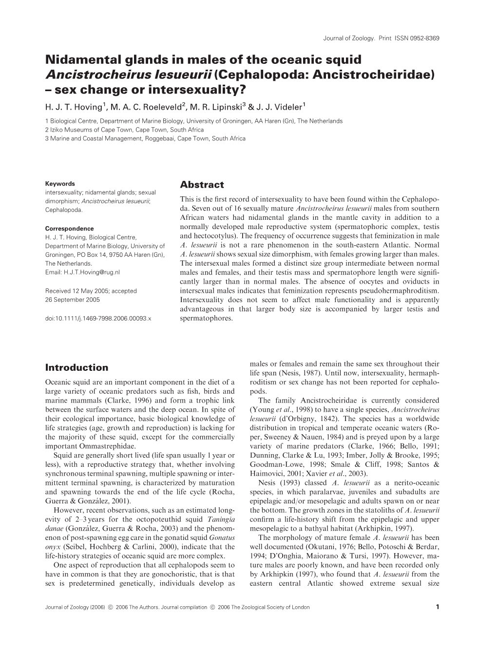 Nidamental Glands in Males of the Oceanic Squid Ancistrocheirus Lesueurii (Cephalopoda: Ancistrocheiridae) – Sex Change Or Intersexuality? H