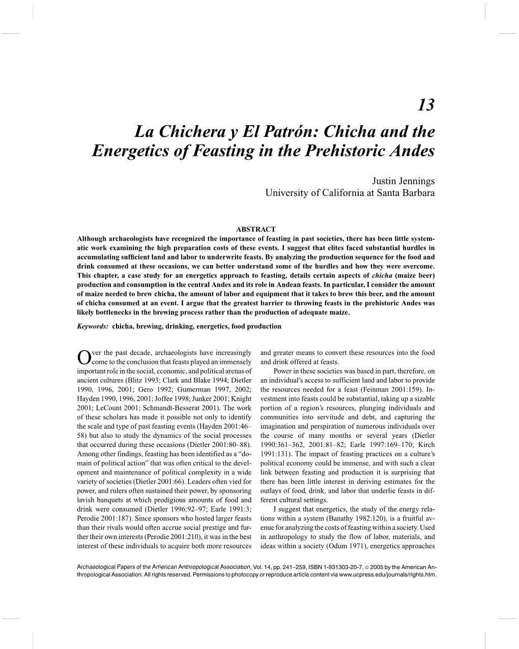 Chicha and the Energetics of Feasting in the Prehistoric Andes