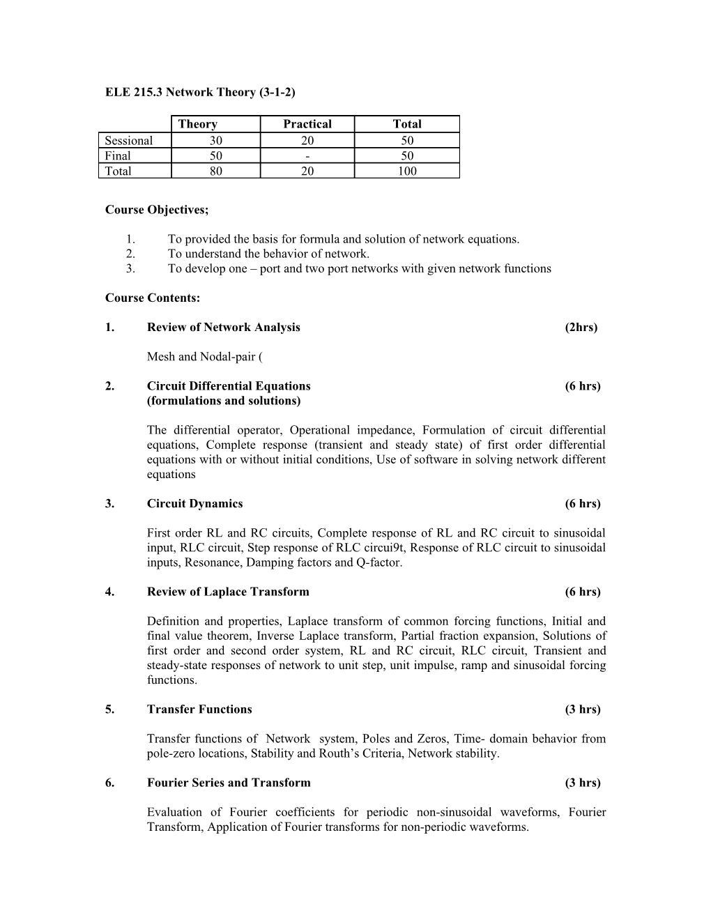 ELE 215.3 Network Theory (3-1-2)