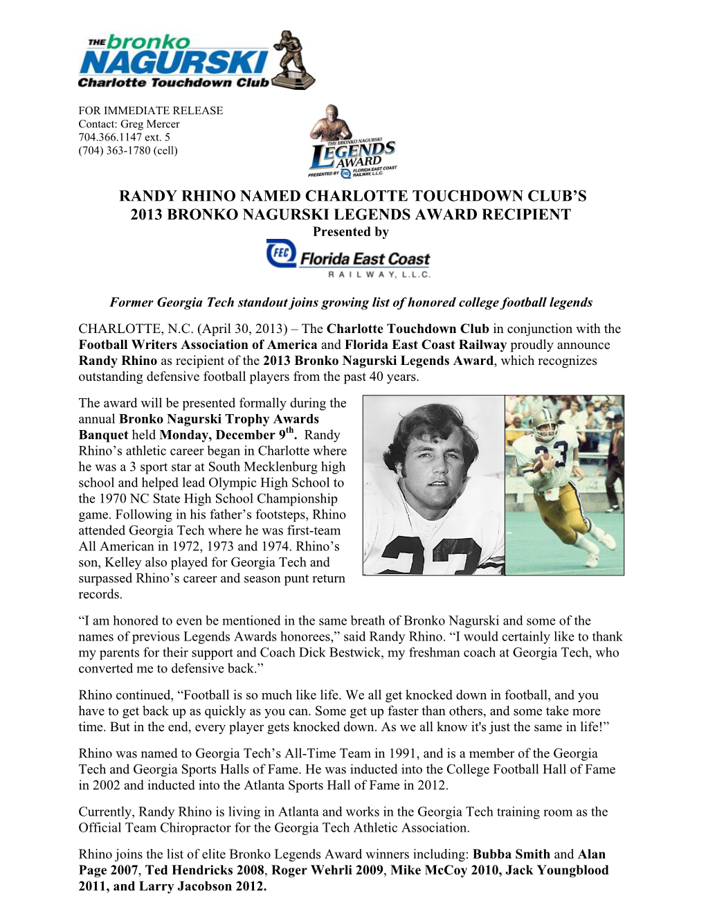 Randy Rhino Named Charlotte Touchdown Club's 2013 Bronko Nagurski Legends Award Recipient