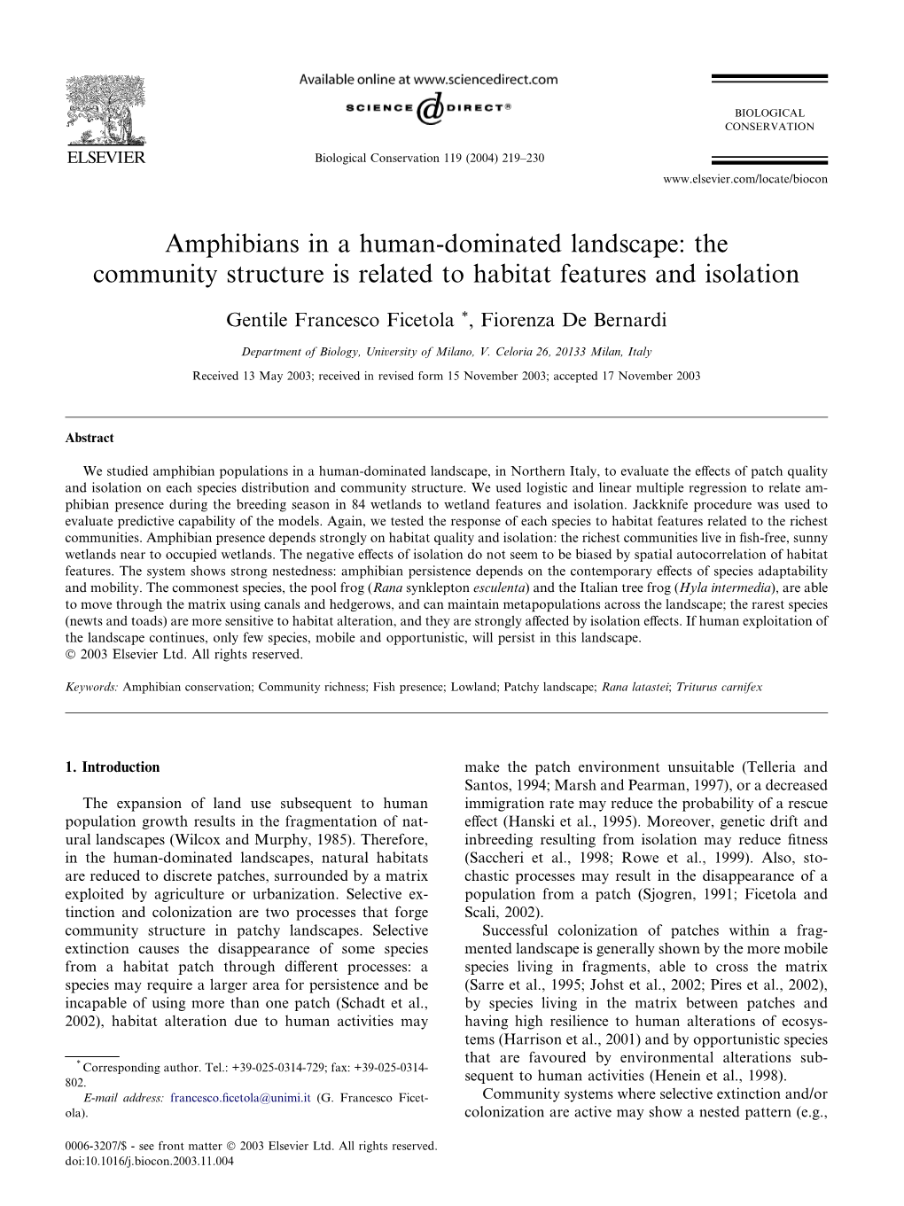 Ficetola, G.F., De Bernardi, F., 2004